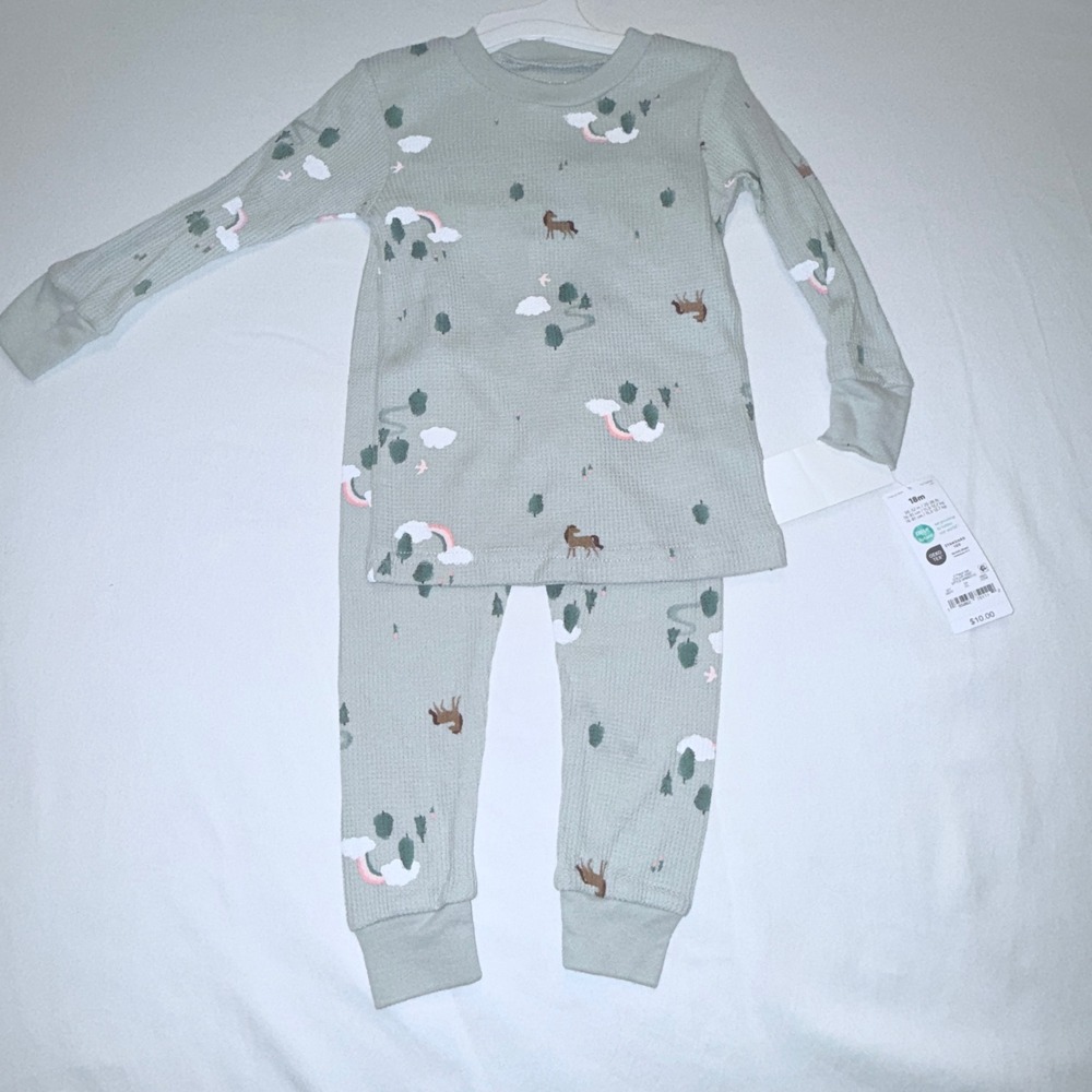 Carter's Pajama Set Kids 18M Green NEW Thermal Waffle Horse Rainbow
